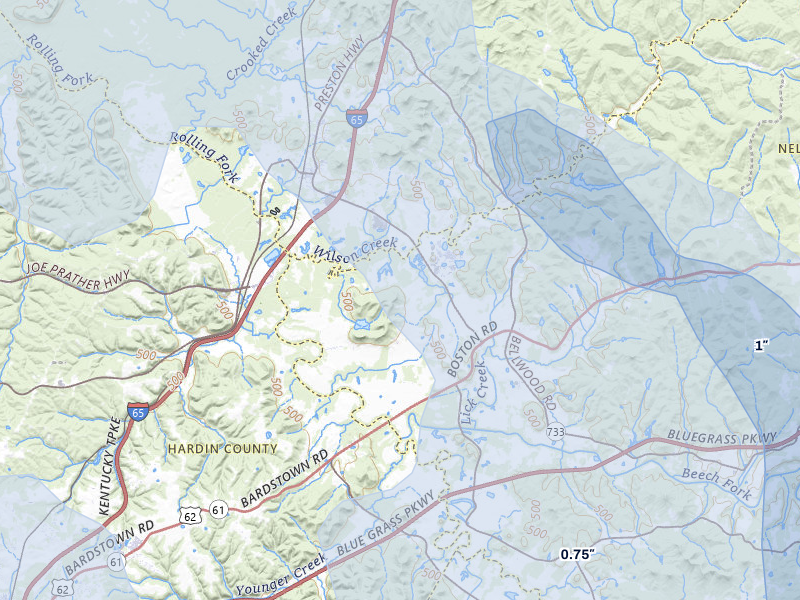 NEXRAD radar-signature map of the hail over Boston, KY