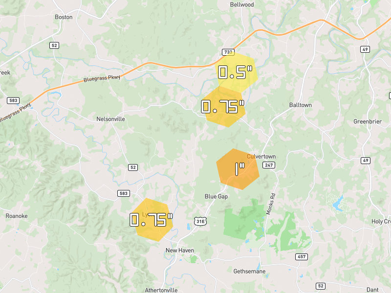 Hail map of Boston, KY on Jul 21, 2026, hail up to 1"