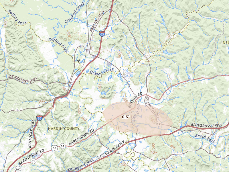 Radar-estimated hail-size map of the storm over Boston, KY on Aug 11, 2026