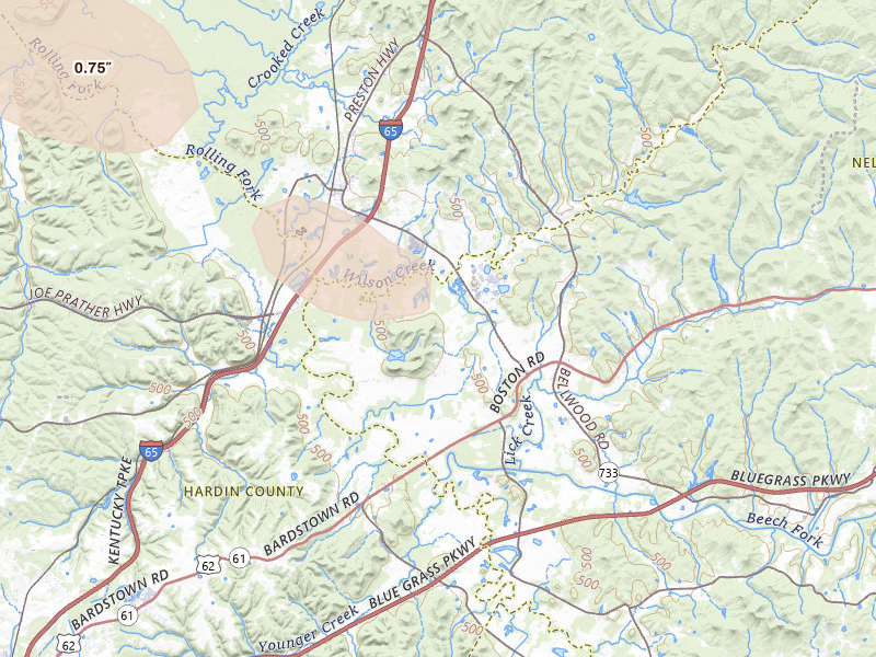Radar-estimated hail-size map of the storm over Boston, KY on Aug 12, 2026