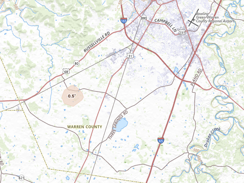 Radar-estimated hail-size map of the storm over Bowling Green, KY on Apr 27, 2026