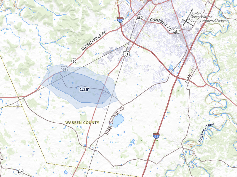 NEXRAD radar-signature map of the hail over Bowling Green, KY