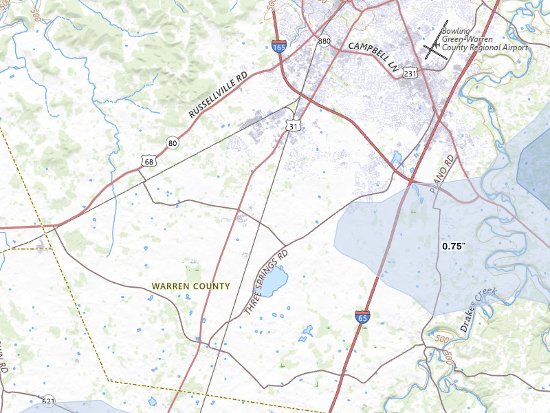NEXRAD radar-signature map of the hail storm over Bowling Green, KY on Jun 9, 2026