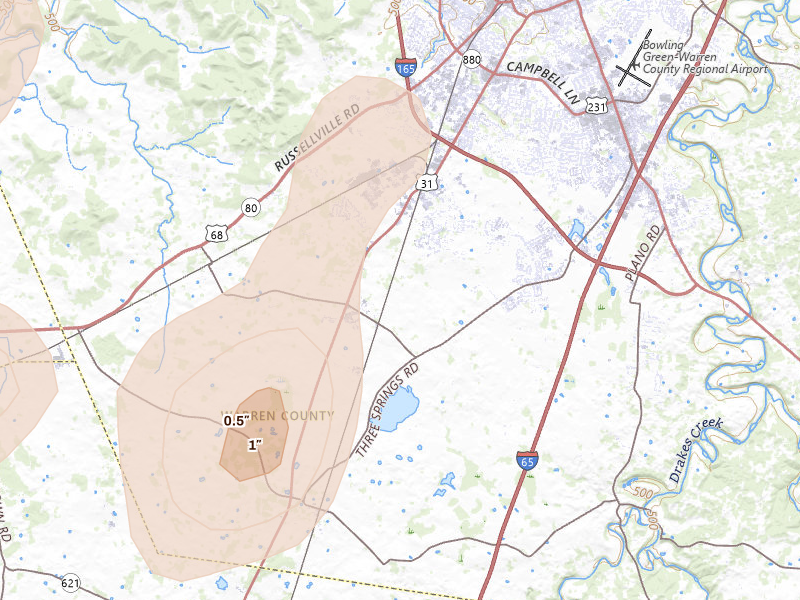 Radar-estimated hail-size map of the storm over Bowling Green, KY on Jul 3, 2026