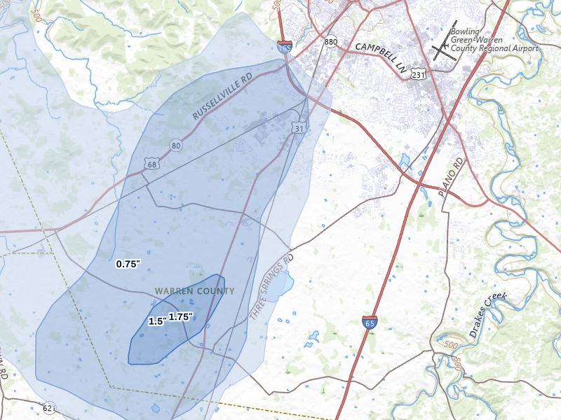 NEXRAD radar-signature map of the hail storm over Bowling Green, KY on Jul 3, 2026