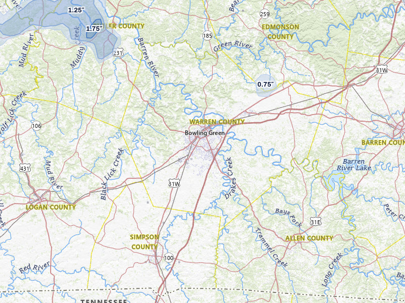 NEXRAD radar-signature map of the hail storm over Bowling Green, KY on Jul 5, 2026