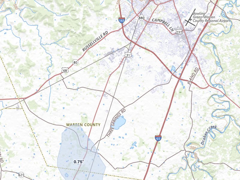 NEXRAD radar-signature map of the hail storm over Bowling Green, KY on Jul 10, 2026