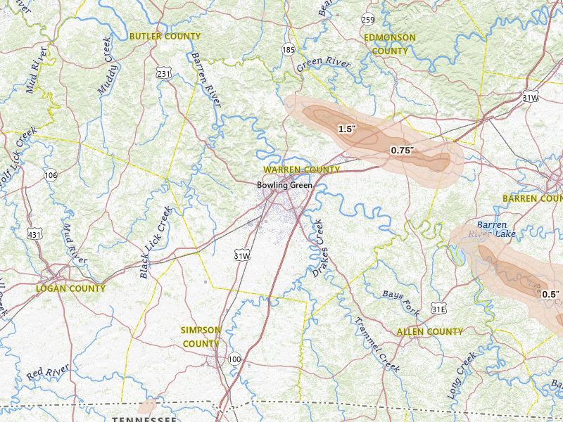 Radar-estimated hail-size map of the storm over Bowling Green, KY on Jul 11, 2026