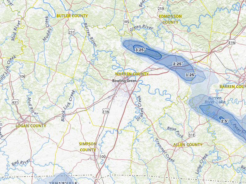 NEXRAD radar-signature map of the hail storm over Bowling Green, KY on Jul 11, 2026