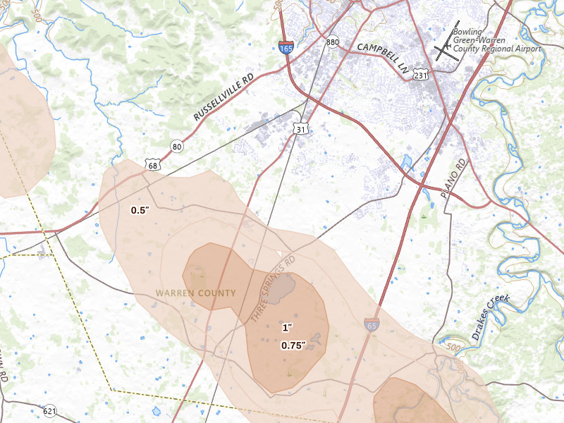 Radar-estimated hail-size map of the storm over Bowling Green, KY on Jul 21, 2026