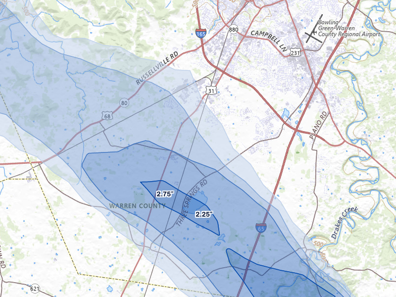 NEXRAD radar-signature map of the hail over Bowling Green, KY