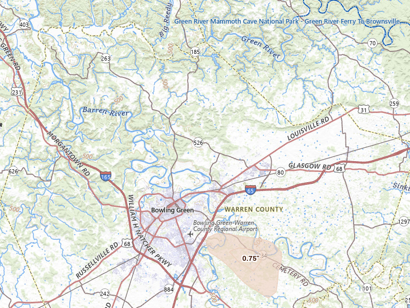 Radar-estimated hail-size map of the storm over Bowling Green, KY on Aug 11, 2026