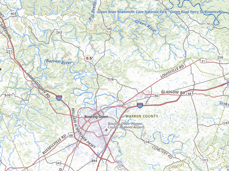 Radar-estimated hail-size map of the storm over Bowling Green, KY on Aug 22, 2026