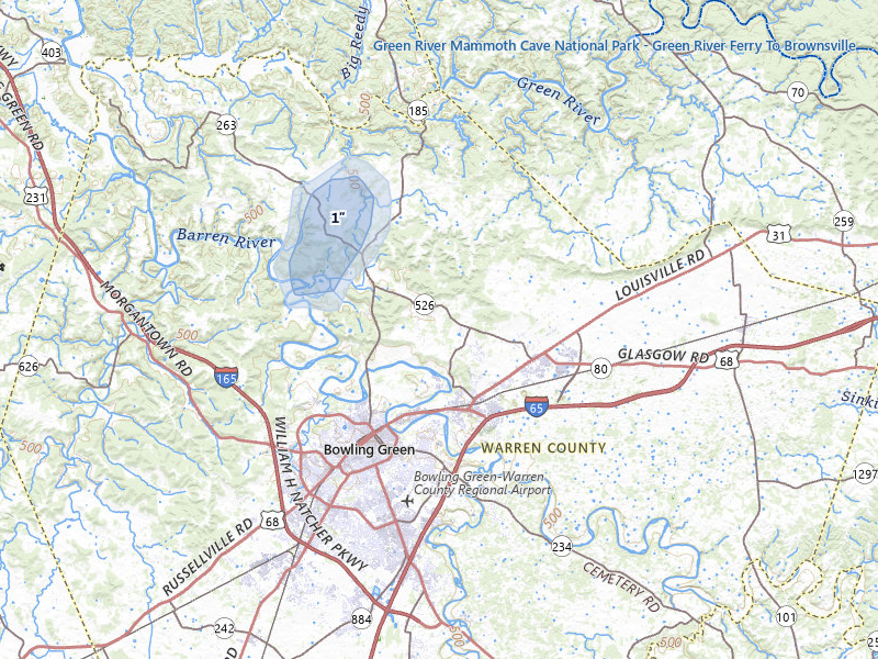 NEXRAD radar-signature map of the hail storm over Bowling Green, KY on Aug 22, 2026