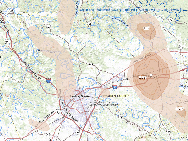 Radar-estimated hail-size map of the storm over Bowling Green, KY