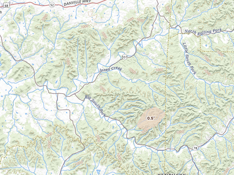 Radar-estimated hail-size map of the storm over Bradfordsville, KY on Jul 17, 2026
