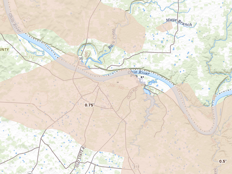 Radar-estimated hail-size map of the storm over Brandenburg, KY on Jul 21, 2026