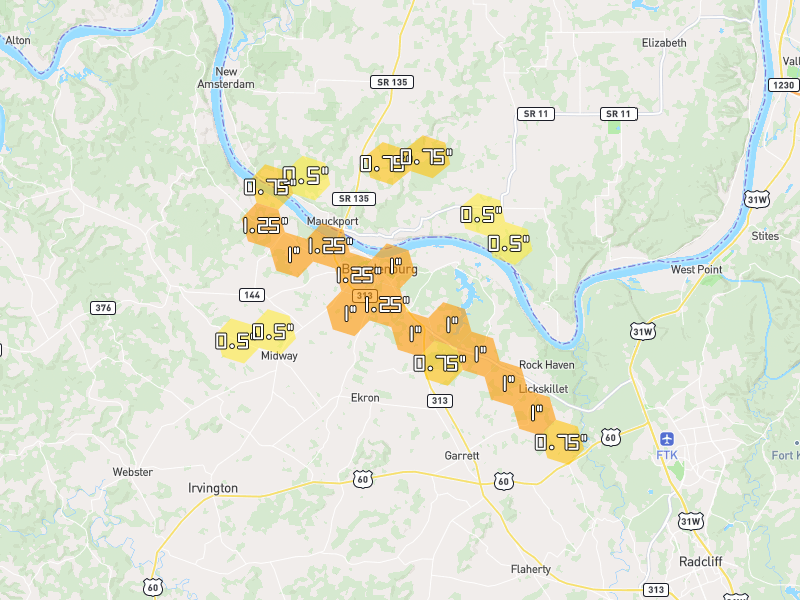 Hail map of Brandenburg, KY on Jul 21, 2026, hail up to 1.25"