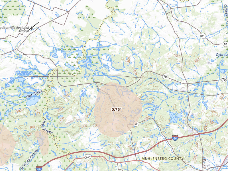 Radar-estimated hail-size map of the storm over Bremen, KY on Jul 2, 2026
