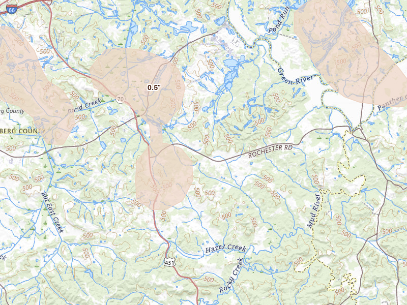 Radar-estimated hail-size map of the storm over Browder, KY on Jul 5, 2026