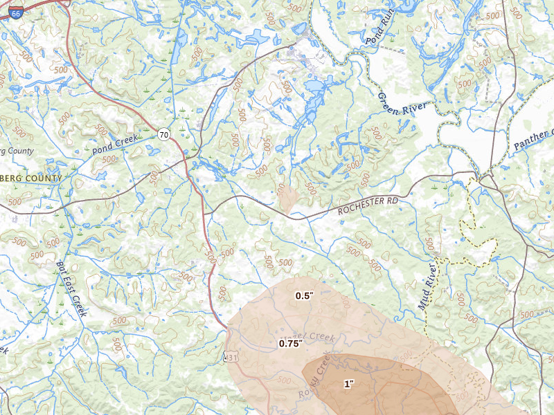 Radar-estimated hail-size map of the storm over Browder, KY on Jul 21, 2026