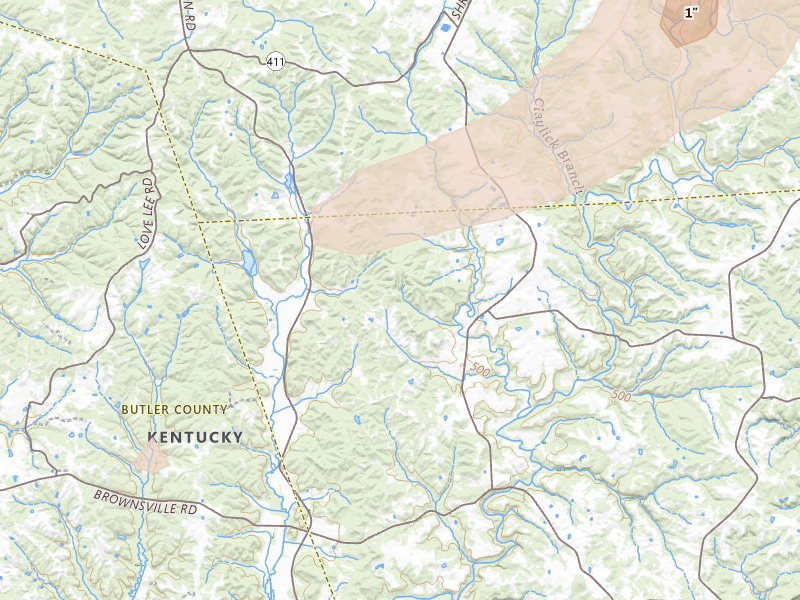 Radar-estimated hail-size map of the storm over Brownsville, KY on Jul 11, 2026