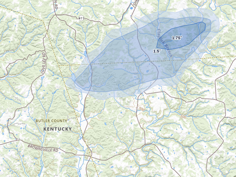 NEXRAD radar-signature map of the hail over Brownsville, KY