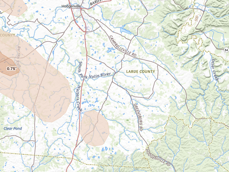 Radar-estimated hail-size map of the storm over Buffalo, KY on Aug 11, 2026
