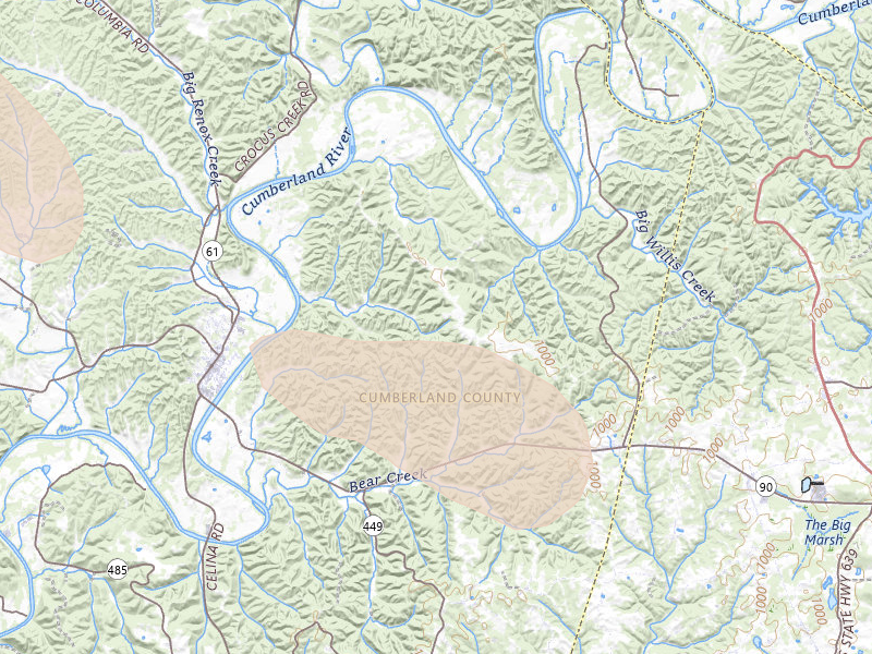 Radar-estimated hail-size map of the storm over Burkesville, KY on Jul 21, 2026