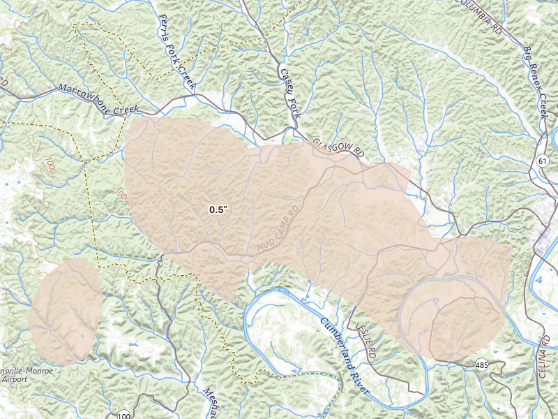 Radar-estimated hail-size map of the storm over Burkesville, KY on Aug 19, 2026