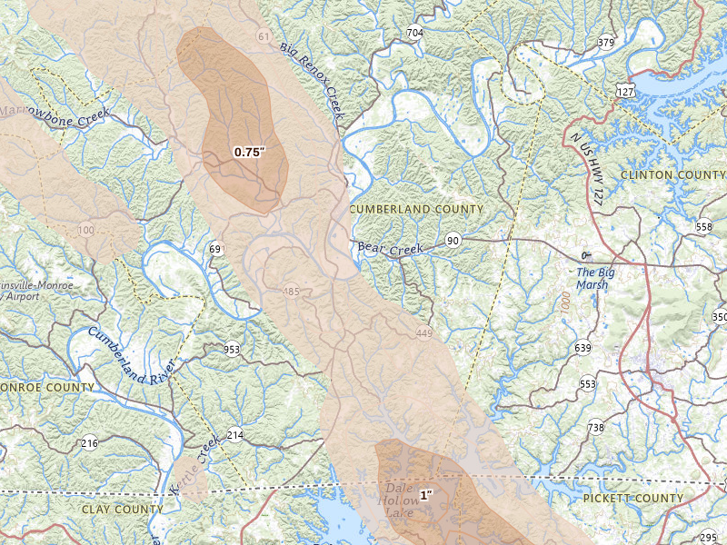 Radar-estimated hail-size map of the storm over Burkesville, KY on Aug 22, 2026