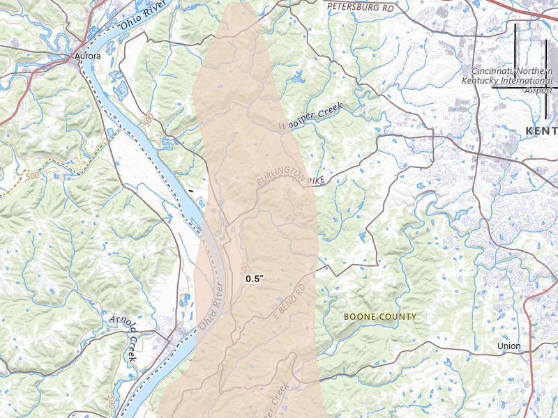Radar-estimated hail-size map of the storm over Burlington, KY on Sep 5, 2026