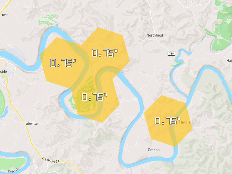 Hail map of Burnside, KY on Jul 21, 2026, hail up to 0.75"