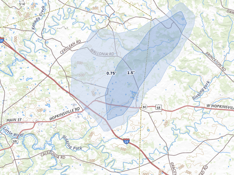 NEXRAD radar-signature map of the hail over Cadiz, KY