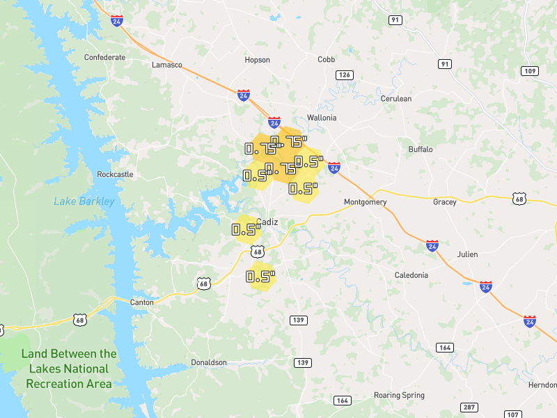 Hail map of Cadiz, KY on Jul 2, 2026, hail up to 0.75"