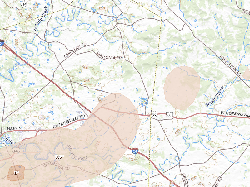 Radar-estimated hail-size map of the storm over Cadiz, KY on Jul 4, 2026