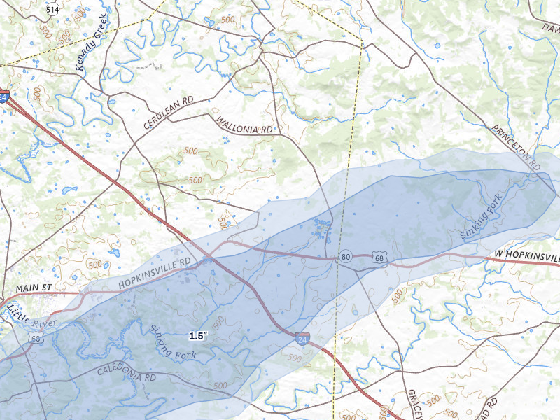 NEXRAD radar-signature map of the hail over Cadiz, KY