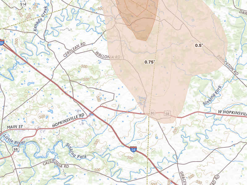 Radar-estimated hail-size map of the storm over Cadiz, KY on Jul 26, 2026
