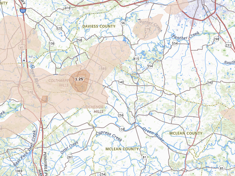 Radar-estimated hail-size map of the storm over Calhoun, KY on Apr 27, 2026