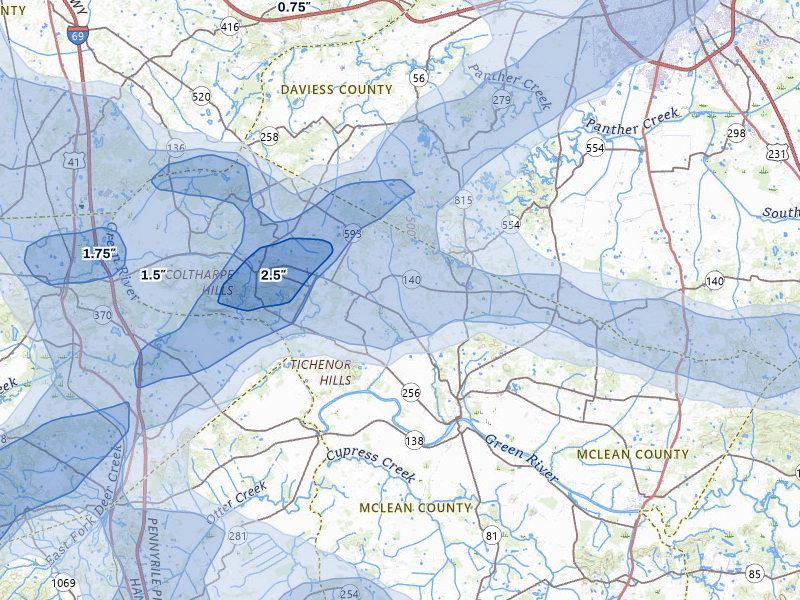 NEXRAD radar-signature map of the hail over Calhoun, KY