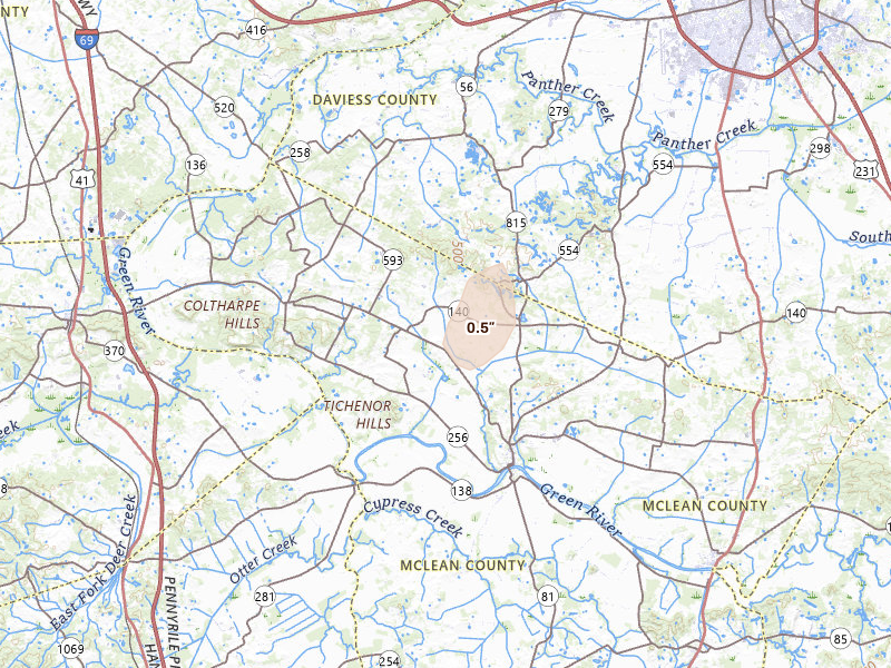 Radar-estimated hail-size map of the storm over Calhoun, KY on Jun 11, 2026