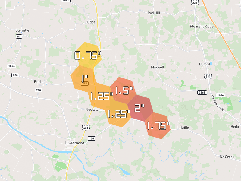 Hail map of Calhoun, KY on Jul 3, 2026, hail up to 2"