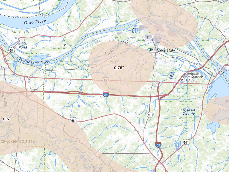 Radar-estimated hail-size map of the storm over Calvert City, KY on May 31, 2026