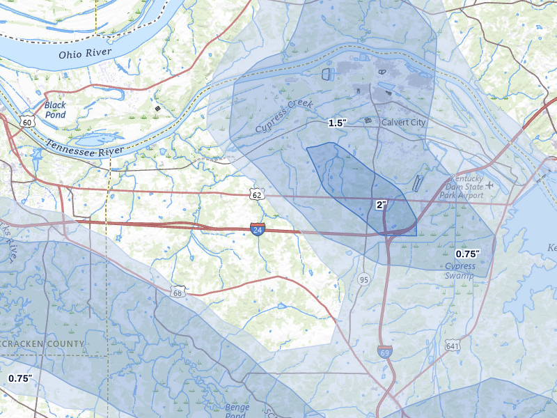 NEXRAD radar-signature map of the hail storm over Calvert City, KY on May 31, 2026