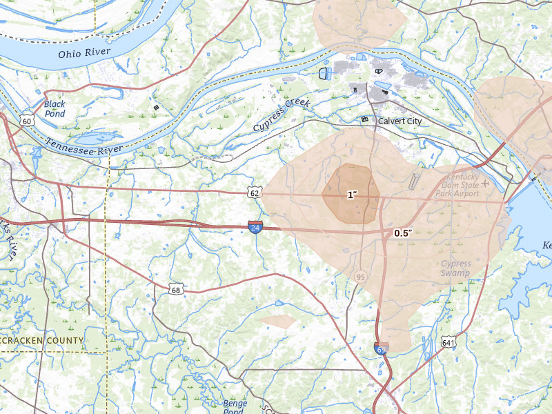 Radar-estimated hail-size map of the storm over Calvert City, KY on Jun 1, 2026
