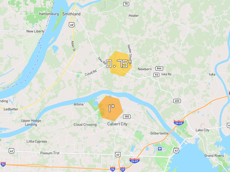 Hail map of Calvert City, KY on Jul 3, 2026, hail up to 1"