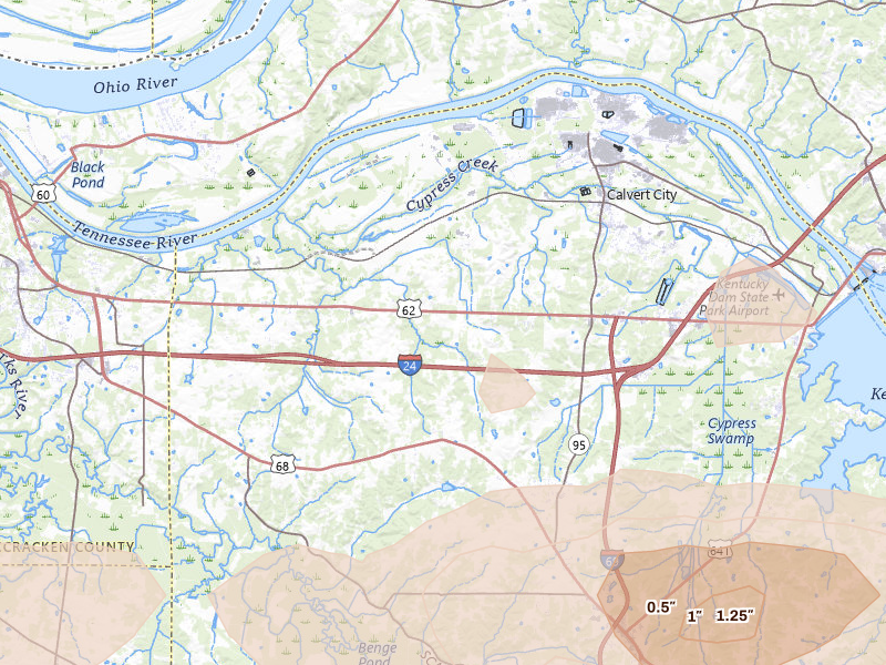 Radar-estimated hail-size map of the storm over Calvert City, KY on Jul 9, 2026