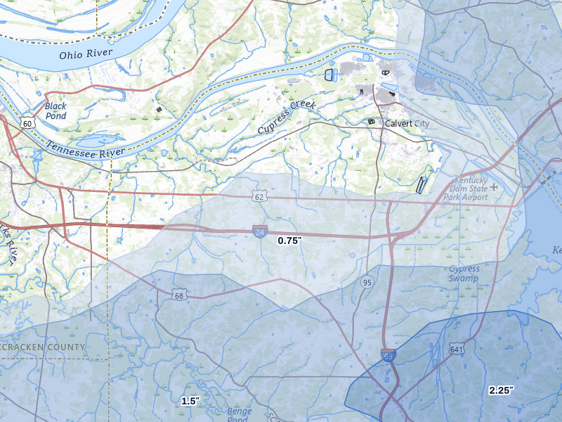 NEXRAD radar-signature map of the hail storm over Calvert City, KY on Jul 9, 2026