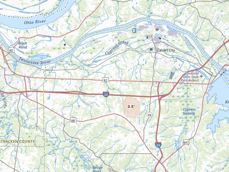 Radar-estimated hail-size map of the storm over Calvert City, KY on Aug 8, 2026