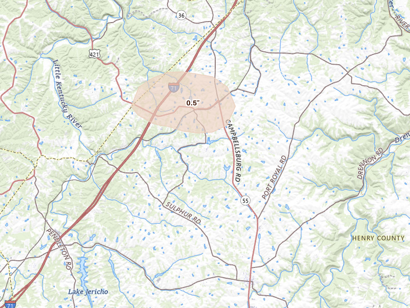 Radar-estimated hail-size map of the storm over Campbellsburg, KY on Aug 13, 2026